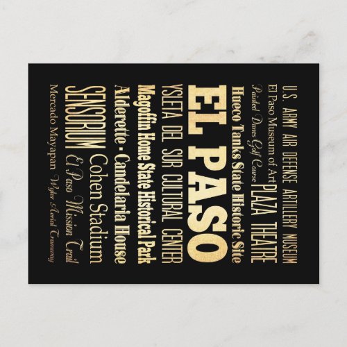 El Paso City of Texas State Typography Art Postcard