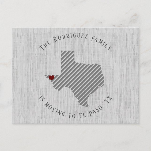 El Paso Gray Linen and Heart Texas Moving Announcement Postcard (Front)