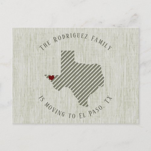 El Paso Green Linen and Heart Texas Moving Announcement Postcard