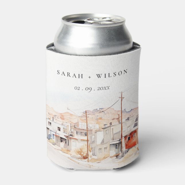 El Paso Texas City Scape Watercolor Wedding Can Cooler (Can Front)