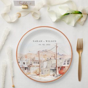 El Paso Texas City Scape Watercolor Wedding Paper Plates