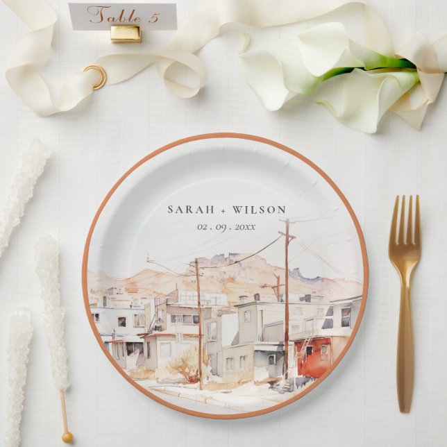El Paso Texas City Scape Watercolor Wedding Paper Plates (Wedding)
