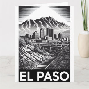 El Paso Texas Skyline Black White Woodcut Card