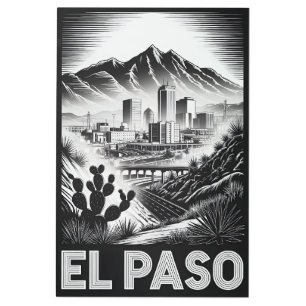 El Paso Texas Skyline Black White Woodcut Metal Print