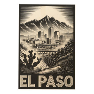 El Paso Texas Skyline Black White Woodcut Wood Wall Art