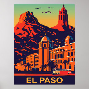 El Paso, Texas, Sunset Over the Mountains, Travel Poster