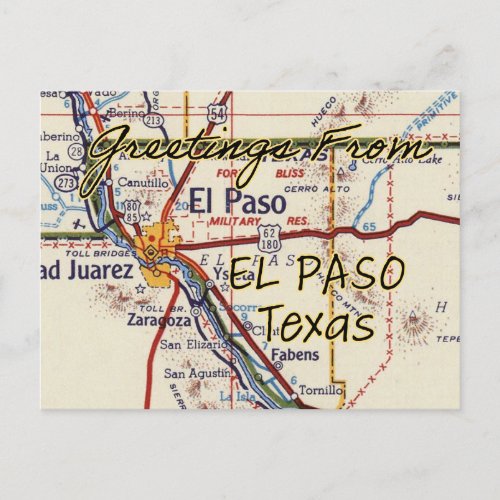 El Paso TX Vintage Map Postcard