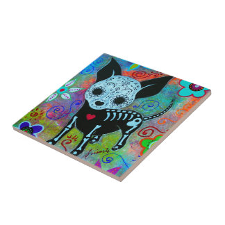 EL PERRO DOG DIA DE LOS MUERTOS  CHIHUAHUA CERAMIC TILE