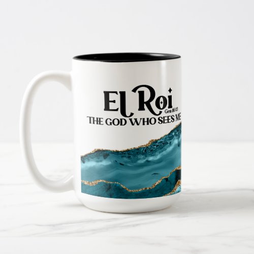 El Roi The God Who Sees Me Teal Marble Monogram  Two_Tone Coffee Mug