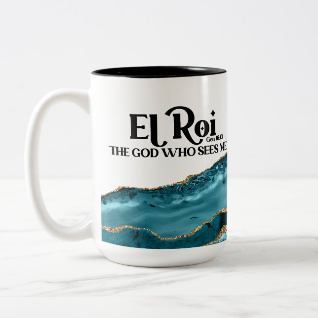El Roi The God Who Sees Me Teal Marble Monogram  Two-Tone Coffee Mug (Left)