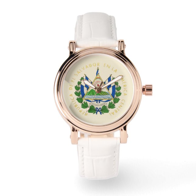 El Salvador Flag Icon RG White Leather Watch (Front)