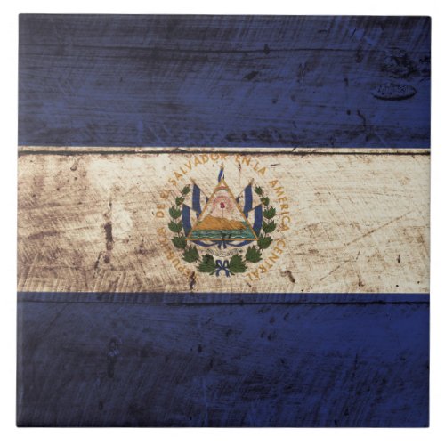 El Salvador Flag on Old Wood Grain Tile