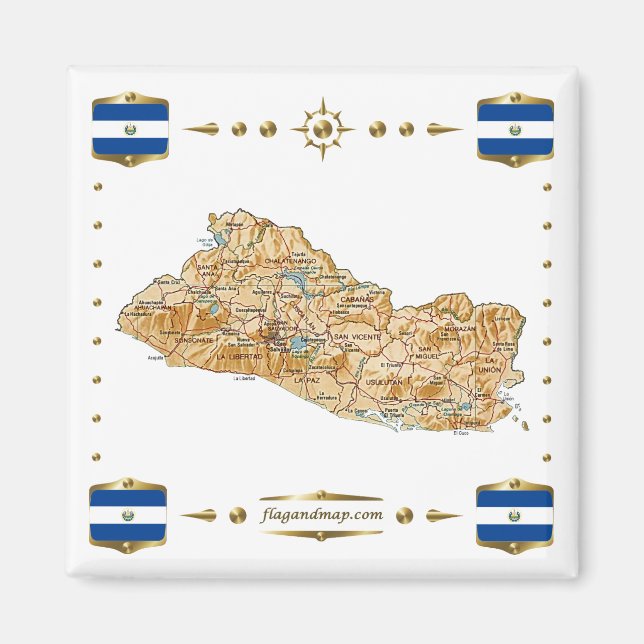 El Salvador Map + Flags Magnet (Front)