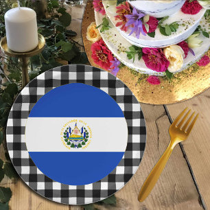 El Salvador Plate, buffalo plaid & Salvador Flag Paper Plates