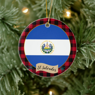El Salvador, Red buffalo plaid & El Salvador Flag Ceramic Ornament