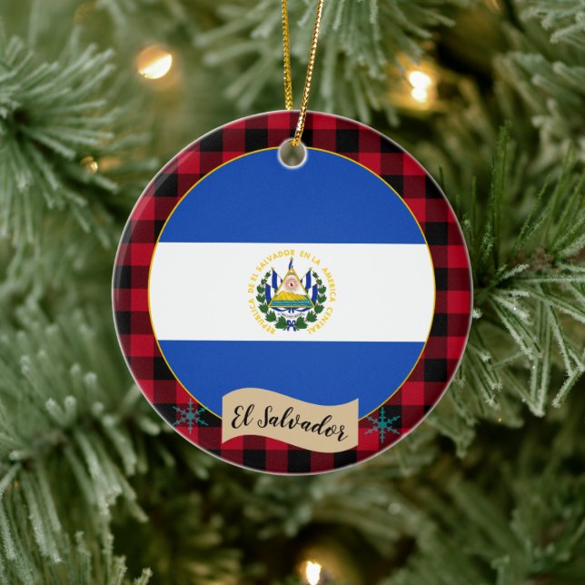 El Salvador, Red buffalo plaid & El Salvador Flag Ceramic Ornament (Tree)