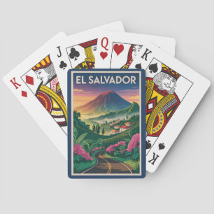 El Salvador Volcano Illustration Travel Art Vintag Poker Cards