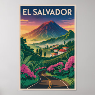 El Salvador Volcano Illustration Travel Art Vintag Poster