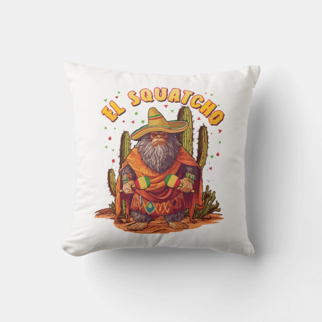 El Squatcho Bigfoot with Maraca, Sombrero and Ponc Throw Pillow (Front)