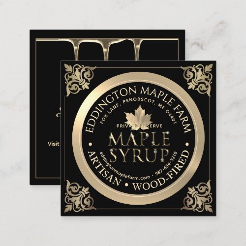 Elaborate Artisan Black and Gold Maple Syrup  Square Business Card