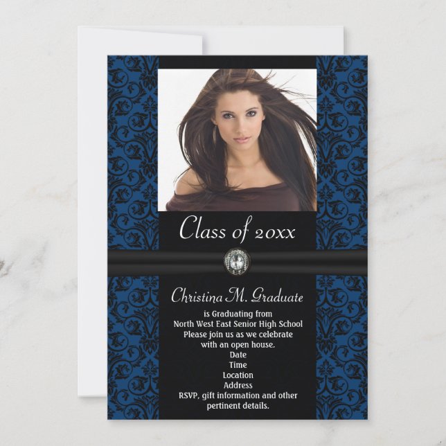 Elaborate Blue Black Damask Graduation Invitation (Front)