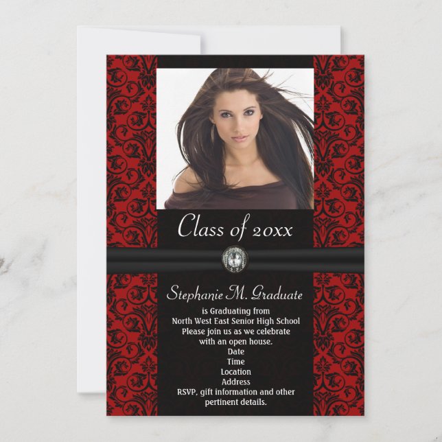 Elaborate Dark Red Black Damask Graduation Invitation (Front)