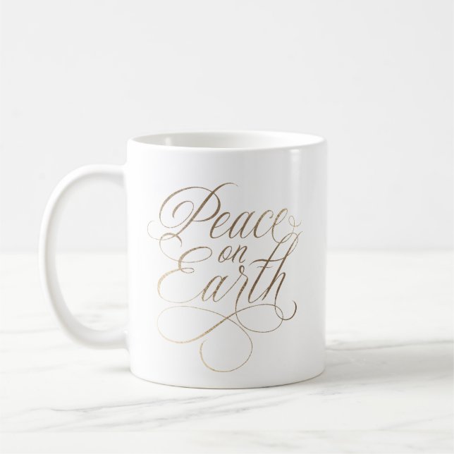 Elaborate, Elegant Peace on Earth faux-gold script Coffee Mug (Left)
