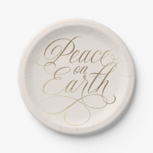 Elaborate, Elegant Peace on Earth faux-gold script Paper Plates