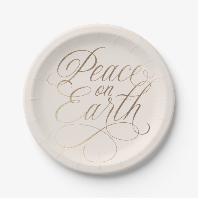 Elaborate, Elegant Peace on Earth faux-gold script Paper Plates (Front)