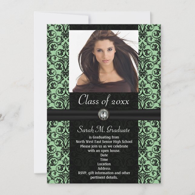 Elaborate Light Green Damask Graduation Invitation (Front)