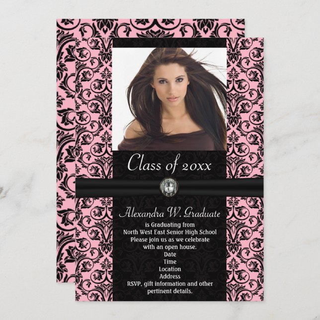 Elaborate Light Pink w/Black Damask Graduation Invitation (Front/Back)