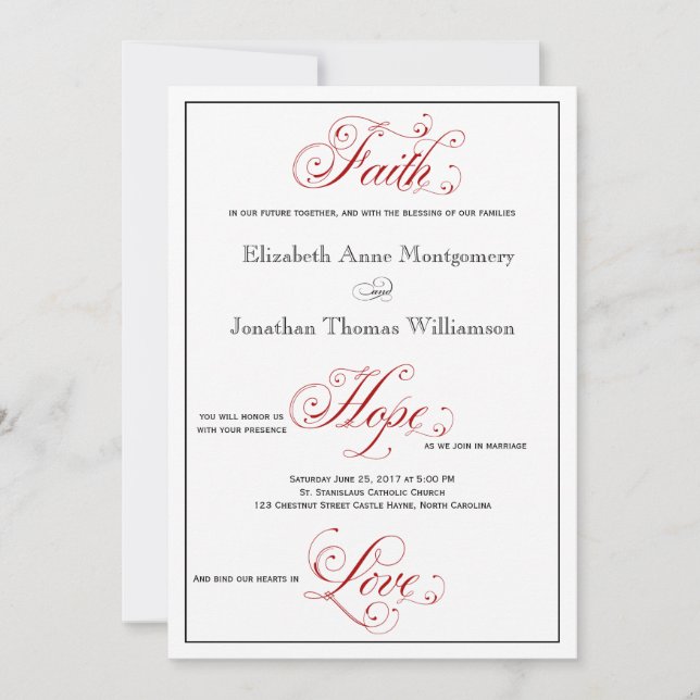 Elaborate Red Faith Hope Love Wedding Invitation (Front)