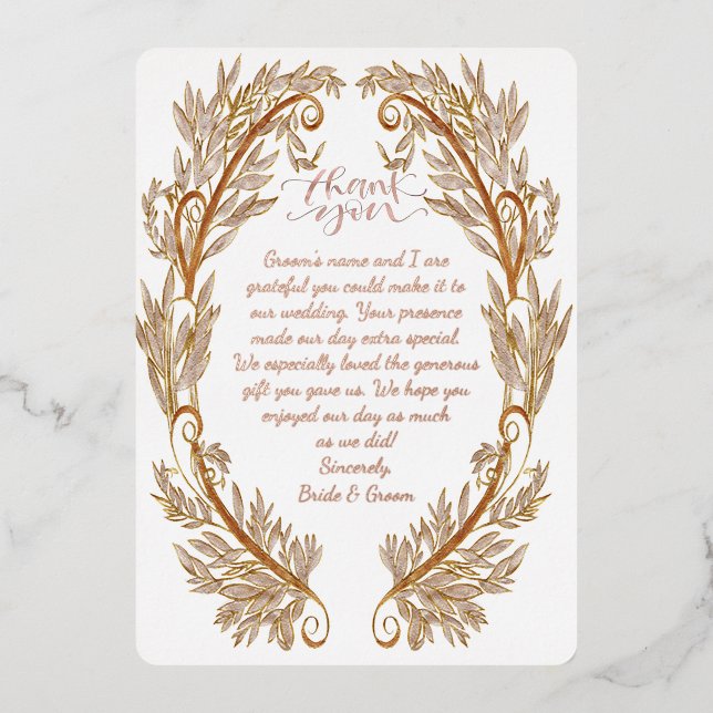 Elaborate Rose Gold Foil Wedding Thank You Invitation (Front)