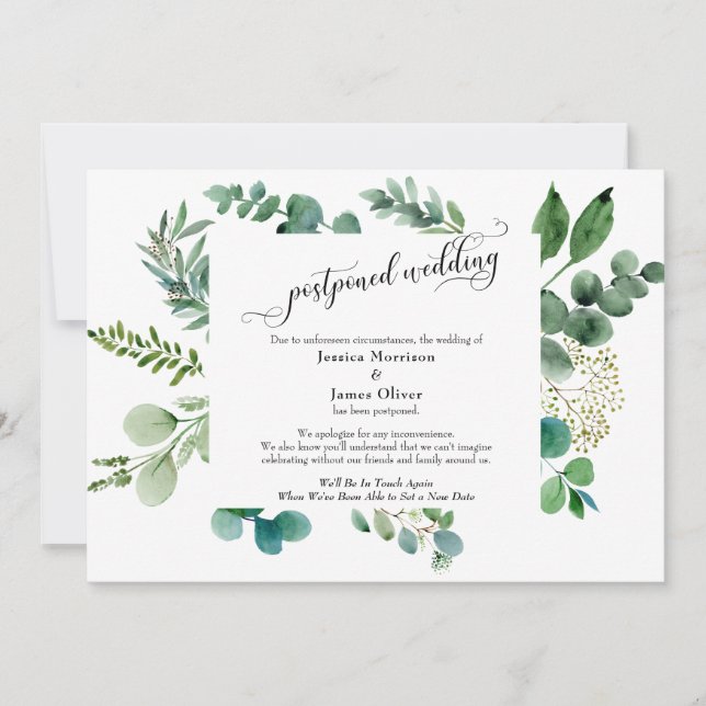 Elaborate Script Eucalyptus Postponed Wedding Card (Front)