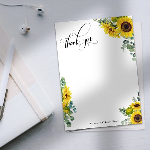 Elaborate Script Eucalyptus  Sunflowers Thank You Card