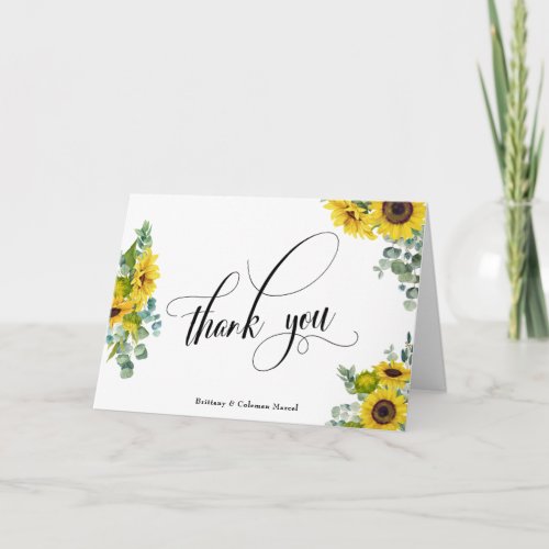 Elaborate Script Eucalyptus  Sunflowers Thank You Card