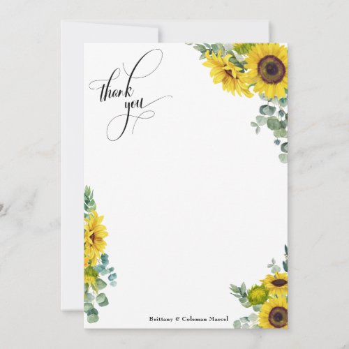 Elaborate Script Eucalyptus  Sunflowers Thank You Card