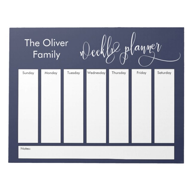 Elaborate Script Simple Weekly Planner, Navy Notepad (Front)