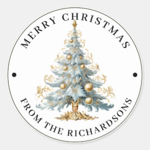 Elaborate Victorian Tree in Blue Merry Christmas  Classic Round Sticker
