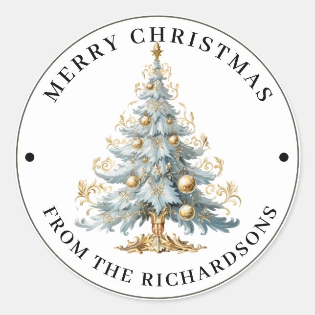 Elaborate Victorian Tree in Blue Merry Christmas  Classic Round Sticker (Front)