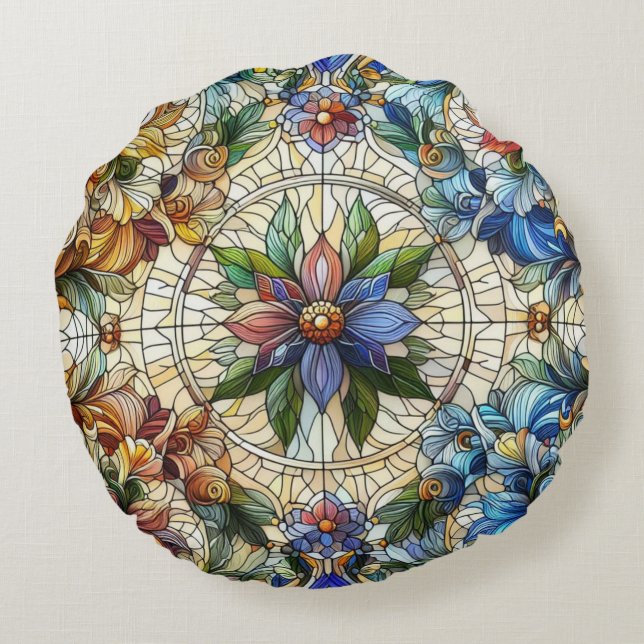 Elaborated And Intricate Stained Glass Design Round Pillow (Back)