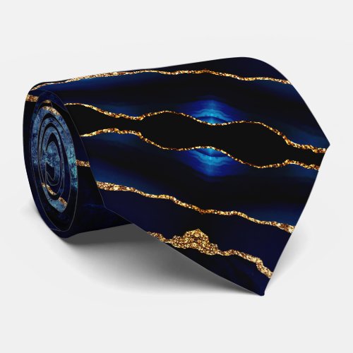 Elagant Neck Tie Agate Navy Blue Gold Marble