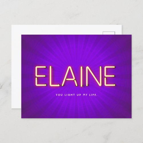 Elaine name in glowing neon lights postcard