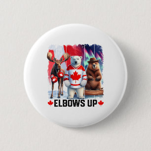 Elbows Up Canada Flag Hockey Funny Beaver Boxing M Button