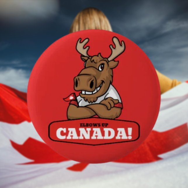 Elbows Up Canada! Funny Moose Holding Flag Button (Creator Uploaded)