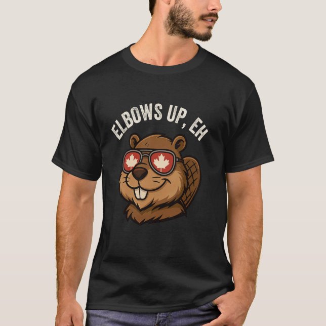 Elbows Up Eh Beaver Maple Leaf TShirt Funny Canada (Front)