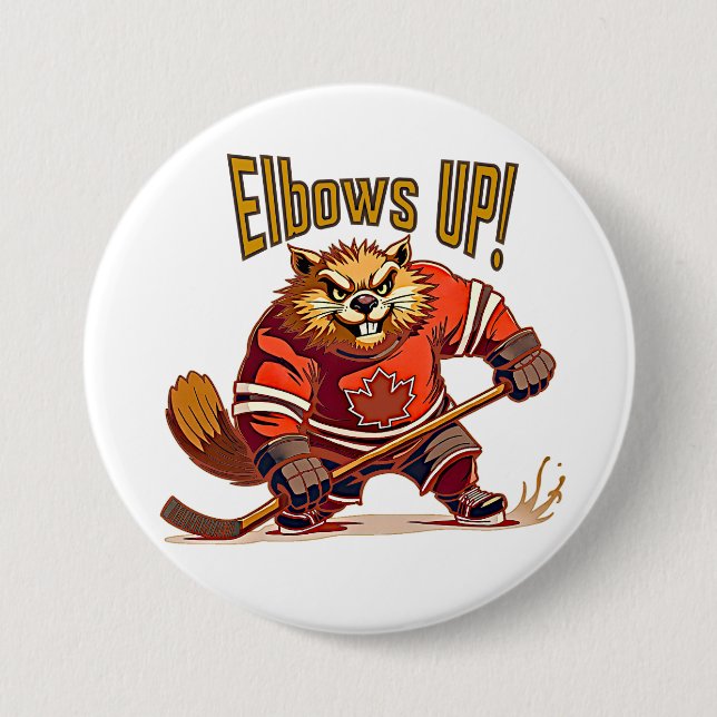 Elbows UP! Hockey Beaver, Canadian Flag Maple Leaf Button (Front)