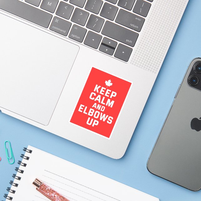 Elbows Up Keep Calm - Proud Canadian Sticker (Laptop w/ iPhone)