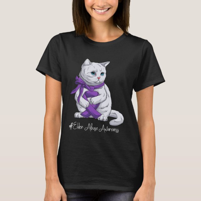 Elder Abuse Awareness Month Purple Ribbon Cat T-Shirt (Front)