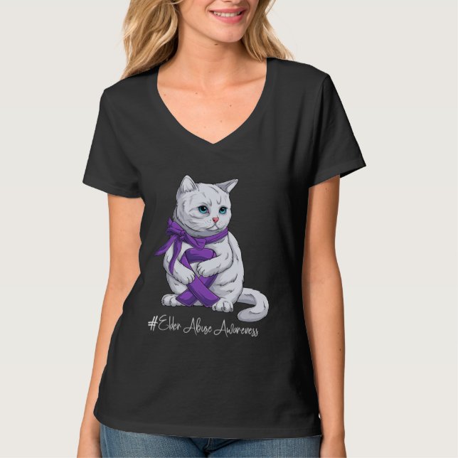 Elder Abuse Awareness Month Purple Ribbon Cat T-Shirt (Front)